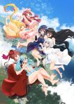  6+girls absurdres ankle_strap barefoot black_hair blonde_hair blue_hair bridal_gauntlets brown_hair casino_(casinoep) cloud dress falling floral_print gloves hair_ornament hand_holding highres hoshikawa_lily konno_junko minamoto_sakura mizuno_ai multicolored_hair multiple_girls nikaidou_saki red_hair silver_hair sky star star_hair_ornament streaked_hair yamada_tae yuugiri_(zombie_land_saga) zombie_land_saga 