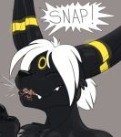  2019 ambiguous_gender anthro anthrofied beherit black_fur black_nose duo eeveelution english_text eyes_closed faceless_character fan_character fur glowing grey_background hair macro male male_pred markings micro nintendo oral_vore pawpads paws pok&eacute;mon pok&eacute;mon_(species) simple_background size_difference slurp slurping smile snap sound_effects text umbreon video_games vore white_hair yellow_markings 