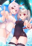  2girls :d ahoge animal_band_legwear animal_ear_fluff animal_ears bangs bare_arms bare_shoulders black_swimsuit blue_sky blush breasts cat_band_legwear cloud commentary_request covered_navel day demon_wings eyebrows_visible_through_hair grey_hair hair_between_eyes hair_ornament hairclip highres large_breasts lavender_hair long_hair looking_at_viewer makaino_ririmu medium_breasts multiple_girls nijisanji one-piece_swimsuit open_mouth outdoors palm_tree pointing pointy_ears purple_eyes red_eyes red_wings school_swimsuit shiina_yuika sky smile striped striped_legwear swimsuit thighhighs tree twintails v very_long_hair virtual_youtuber water water_drop white_legwear white_swimsuit wings yoshiheihe 