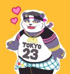  &lt;3 2019 alp_(tas) anthro az_paipai belly blush clothing cute_fangs fur giant_panda hat headgear headwear humanoid_hands male mammal pants purple_fur shirt simple_background slightly_chubby solo tokyo_afterschool_summoners topwear ursid video_games yellow_background 