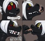  2019 ambiguous/ambiguous ambiguous_gender anthro anthrofied beherit black_fur black_nose black_tongue canid canine comic digital_drawing_(artwork) digital_media_(artwork) duo eeveelution fan_character fur grey_background hair half-closed_eyes happy hi_res licking macro mammal markings micro multiple_scenes nintendo oral_vore pink_hair pok&eacute;mon pok&eacute;mon_(species) red_eyes saliva sharp_teeth simple_background size_difference slurp slurping smile snarling soft_vore speech_bubble teeth text tongue tongue_out umbreon video_games vore whimper white_hair yellow_markings 