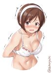  1girl blush bra breasts brown_eyes brown_hair cleavage ebifurya hairband headband highres kantai_collection large_breasts looking_at_viewer medium_breasts natori_(kantai_collection) navel open_mouth short_hair simple_background solo tears underwear white_background white_bra white_hairband 