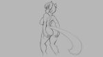  16:9 2019 anthro big_breasts breasts butt domestic_cat felid feline felis female grey_background hair hand_on_butt looking_at_viewer mammal monochrome nipples nude rear_view short_hair simple_background solo standing watsup 