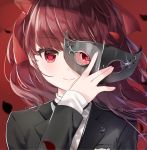  1girl bangs black_jacket bow closed_mouth commentary eyebrows_visible_through_hair fingernails glint hair_bow highres holding holding_mask jacket long_hair long_sleeves mafuyu_(chibi21) mask mask_removed persona persona_5 persona_5_the_royal petals red_background red_bow red_eyes red_hair shirt sleeves_past_wrists smile solo twitter_username upper_body white_shirt yoshizawa_kasumi 