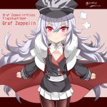  1girl angry azur_lane bangs black_headwear black_legwear cape collarbone cowboy_shot dated eyebrows_visible_through_hair graf_zeppelin_(azur_lane) hair_between_eyes hat hebitsukai-san highres iron_cross long_hair long_sleeves military_hat pantyhose peaked_cap pleated_skirt red_eyes shirt silver_hair skirt solo standing twitter_username white_shirt zeppelin-chan_(azur_lane) 