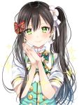  1girl alternate_hairstyle bang_dream! bangs blush bow cosplay earrings flower gochuumon_wa_usagi_desu_ka? green_eyes green_neckwear hair_bow hair_flower hair_ornament hair_ribbon hanazono_tae hands_clasped ito22oji jewelry looking_at_viewer own_hands_together red_bow ribbon short_sleeves side_ponytail sidelocks simple_background smile solo sparkle star striped striped_bow ujimatsu_chiya ujimatsu_chiya_(cosplay) upper_body white_background white_ribbon 