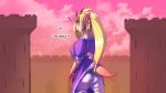  16:9 2018 animal_humanoid blonde_hair blush breasts butt castle clothed clothing dragon dragon_humanoid dress female green_eyes hair horn humanoid implied_transformation long_hair outside ponytail solo tail_wiggle watsup 