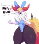  &lt;3 black_fur black_nose blonde_hair bow_tie braixen branch camel_toe chest_tuft clothing coldfrontvelvet dipstick_tail ear_tuft easter english_text eyes_closed fangs female flat_chested fur hair hi_res holidays multicolored_tail navel nintendo open_mouth pink_tongue pok&eacute;mon pok&eacute;mon_(species) portrait red_fur shoulder_tuft simple_background speech_bubble sweat text thick_thighs three-quarter_portrait tight_clothing tongue tuft velvet_(coldfrontvelvet) video_games wet white_background white_fur white_hair wide_hips yellow_fur 