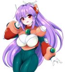  1girl alia armor asama_miya blush bodysuit breasts capcom cleavage cosplay gloves headgear headset large_breast large_breasts long_hair mahruru open_mouth purple_hair red_eyes rockman rockman_x simple_background smile solo tagme white_background white_gloves 
