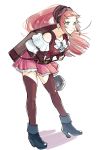  1girl absurdres backpack bag bandanna belt blue_eyes bow breasts closed_mouth felicia_(fire_emblem_if) fingerless_gloves fire_emblem fire_emblem_heroes fire_emblem_if full_body gloves high_heels highres leaning_forward long_hair long_sleeves medium_breasts misokatsuhaumai nintendo pink_hair pink_skirt ponytail simple_background skirt smile solo standing thighhighs white_background white_bow 