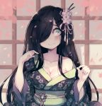  1girl alternate_costume aria_wintermint black_hair blush breasts cherry_blossoms cleavage flower hair_flower hair_ornament hair_over_one_eye japanese_clothes kimono kimono_pull long_hair obi off_shoulder parororo plaid sash silver_eyes smile solo the_crawling_city wide_sleeves 