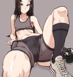  1girl ass bare_shoulders black_legwear blue_eyes blush breasts brown_hair elbow_rest headband highres kneehighs long_hair looking_at_viewer lying midriff navel on_back open_mouth original shoes shorts small_breasts smile sneakers sodivite solo sports_bra spread_legs svetlana_samsonov 