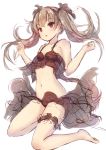  1girl babydoll bangs bare_arms bare_shoulders barefoot breasts brown_babydoll brown_hair brown_panties brown_ribbon collarbone eyebrows_visible_through_hair hair_between_eyes hair_ribbon highres long_hair missile228 navel original panties red_eyes ribbon simple_background sketch small_breasts solo thigh_strap twintails underwear underwear_only very_long_hair white_background 