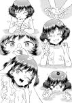  1girl :d akiyama_yukari blowing clenched_teeth doujinshi eyes_closed foam girls_und_panzer grin hand_in_another&#039;s_hair hand_on_another&#039;s_head highres hirota_masatane jitome looking_at_viewer messy_hair monochrome multiple_views one_eye_closed open_mouth partially_submerged petting screentones short_hair smile soap_bubbles sponge teeth 