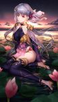  1girl absurdres bangs breasts commentary_request dress earrings eyebrows_visible_through_hair fate/grand_order fate_(series) flower full_body hair_ribbon highres in_water jewelry kama_(fate/grand_order) large_breasts looking_at_viewer luomo medium_hair outdoors pink_flower purple_dress purple_legwear red_eyes red_flower ribbon silver_hair sitting sleeveless sleeveless_dress solo star sunset thighhighs 