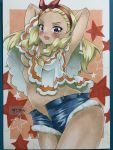  1girl absurdres amamiya_erena armpits arms_behind_head arms_up blonde_hair blush breasts dark_skin denim denim_shorts hairband highres kae_(bluebluebluebelly) long_hair looking_at_viewer medium_breasts mole mole_under_eye navel open_fly open_mouth precure purple_eyes shorts smile solo star_twinkle_precure unbuttoned underboob 