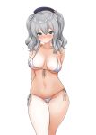  1girl arms_behind_back bikini blue_eyes blush breasts closed_mouth collarbone erect_nipples eyebrows_visible_through_hair front-tie_bikini front-tie_top hair_between_eyes hat highres kaisen_chuui kantai_collection kashima_(kantai_collection) large_breasts lips long_hair looking_at_viewer micro_bikini navel side-tie_bikini silver_hair simple_background skindentation smile solo standing swimsuit thigh_gap thighs twintails wavy_hair white_background white_bikini 