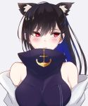 1girl animal_ears azur_lane bangs bare_shoulders black_hair blush breasts cat_ears commentary_request hair_between_eyes highres kemonomimi_mode large_breasts long_hair looking_at_viewer masanobu_(wgzc2-5freedom2) mole mole_under_eye red_eyes solo upper_body west_virginia_(azur_lane) 