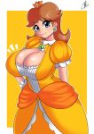  1girl blue_eyes border breasts brown_hair cleavage cleavage_cutout closed_mouth cowboy_shot crown curvy dress earrings eyebrows_visible_through_hair flower_earrings gloves hand_on_hip highres huge_breasts jewelry looking_at_viewer mario_(series) medium_hair nintendo princess_daisy puffy_short_sleeves puffy_sleeves rivyk short_sleeves smile solo white_border white_gloves yellow_background yellow_dress 