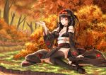  1girl autumn_leaves bangs bare_shoulders black_footwear black_hair black_kimono black_legwear bow commission drill_hair eyebrows_visible_through_hair floral_print flower forest grass hair_bow hair_flower hair_ornament hand_up high_heels japanese_clothes kimono long_hair long_sleeves multicolored_hair nature obi off_shoulder on_grass orange_bow original outdoors print_kimono red_eyes red_flower red_hair sash shoes single_thighhigh sitting solo streaked_hair thighhighs tree very_long_hair villyane wide_sleeves yellow_flower yokozuwari 