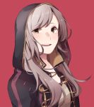  1girl brown_eyes female_my_unit_(fire_emblem:_kakusei) fire_emblem fire_emblem:_kakusei happukiri hood hood_up long_hair my_unit_(fire_emblem:_kakusei) nintendo open_mouth red_background robe simple_background solo upper_body white_hair 