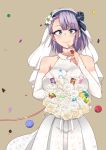  1girl aoi_manabu bare_shoulders blue_eyes blush bouquet breasts bridal_veil brown_background candy candy_ring chocolate dagashi_kashi dress elbow_gloves flower food gloves kinoko_no_yama large_breasts looking_at_viewer purple_hair shidare_hotaru short_hair simple_background smile solo veil wedding_dress white_gloves 