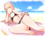  1girl :d ass barefoot beach bikini blonde_hair blue_sky bracelet breasts brown_eyes cloud crown fate/grand_order fate_(series) hasai_(mekkan) jewelry long_hair looking_at_viewer lying medb_(fate)_(all) medb_(swimsuit_saber)_(fate) medium_breasts ocean on_side open_mouth outdoors skirt sky smile solo swimsuit teeth white_bikini 