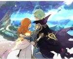  1boy 1girl alm_(fire_emblem) armor black_gloves blue_sky cape celica_(fire_emblem) earrings fingerless_gloves fire_emblem fire_emblem_echoes:_mou_hitori_no_eiyuuou from_behind gloves green_hair jewelry long_hair nintendo red_hair sasaki_(dkenpisss) short_hair signature sky tiara tree 