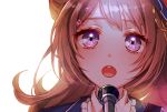 1girl :o bang_dream! bangs brown_hair chino_machiko commentary_request frilled_shirt_collar frills hair_ornament lens_flare long_hair looking_at_viewer microphone music portrait purple_eyes simple_background singing solo star star_hair_ornament toyama_kasumi white_background 