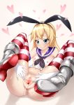  1girl bai_linqin blonde_hair blue_eyes breasts feet highres kantai_collection long_hair looking_away lying navel on_back pussy ribbon shimakaze_(kantai_collection) simple_background small_breasts spread_legs spread_pussy thick_thighs thighs tongue uncensored 