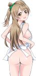  10s 1girl absurdres apron ass bare_legs bare_shoulders blush bottomless bow breasts brown_eyes eyebrows_visible_through_hair flying_sweatdrops green_bow grey_hair highres large_breasts long_hair looking_at_viewer looking_back love_live! love_live!_school_idol_project minami_kotori naked_apron no_bra no_panties open_mouth side_ponytail sideboob simple_background smile solo standing tied_hair wewe white_background 