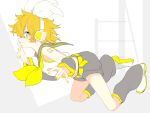  1boy androgynous arm_tattoo ascot bare_shoulders blonde_hair blue_eyes blush bow cosplay costume_switch crossdressing detached_sleeves embarrassed hair_bow hair_ornament hairclip headphones headset highres kagamine_len kagamine_rin kagamine_rin_(cosplay) leg_warmers looking_at_viewer looking_to_the_side midriff nail_polish number_tattoo oyamada_gamata sailor_collar shirt shorts sleeveless sleeveless_shirt tattoo treble_clef vocaloid yellow_nails yellow_neckwear 