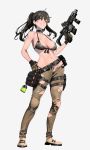  1girl armband assault_rifle bag bangs bare_shoulders beige_footwear bikini black_hair breasts brown_eyes choker commentary_request eyebrows_visible_through_hair foregrip full_body girls_frontline gloves green_bikini green_gloves green_hair green_pants grin gun hair_between_eyes hand_on_hip highres holding holding_gun holding_weapon ihobus long_hair m4_carbine m4a1_(girls_frontline) magazine_(weapon) multicolored_hair muzzle_brake navel open_fly pants rifle shoes sidelocks smile snap-fit_buckle stomach streaked_hair swimsuit thigh_strap trigger_discipline twintails weapon 