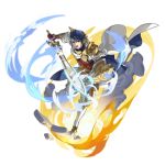  1boy alfonse_(fire_emblem) armor blue_eyes blue_hair boots cape crossover dragalia_lost fire_emblem fire_emblem_heroes full_body gloves holding holding_sword holding_weapon light nintendo non-web_source official_art red_gloves shield short_hair shoulder_pads solo sword transparent_background weapon 