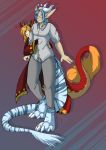  anthro claws cloak clothing digitigrade eyewear female glasses hi_res horn kaitofletcher male pants pointy_ears shirt thick_tail topwear weaver_(species) 