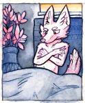  2019 arctic_fox bed bedding blanket blush canid canine clothed clothing crossed_arms fox fur inside looking_down male mammal mothandpodiatrist on_bed painting_(artwork) plant potted_plant solo topless traditional_media_(artwork) under_covers watercolor_(artwork) white_fur window 