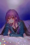  1girl bang_dream! bed_sheet black_shirt blue_background blue_jacket blush chin_rest chino_machiko collarbone commentary_request hair_between_eyes hair_down jacket long_hair long_sleeves looking_at_viewer lying on_stomach purple_hair red_eyes seta_kaoru shirt smile solo under_covers 