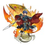  1boy black_gloves blue_eyes blue_hair boots cape crossover dragalia_lost falchion_(fire_emblem) fighting_stance fingerless_gloves fire fire_emblem fire_emblem:_monshou_no_nazo fire_emblem_heroes full_body gloves gold_hairband hairband holding holding_sword holding_weapon marth nintendo non-web_source official_art pedestal serious sheath shield short_hair shoulder_pads solo sword transparent_background weapon 
