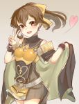  1girl bow breastplate brown_eyes brown_hair cape dress dyute_(fire_emblem) fang fire_emblem fire_emblem_echoes:_mou_hitori_no_eiyuuou gradient gradient_background grey_background hair_bow haru_(nakajou-28) heart long_hair nintendo open_mouth ponytail short_dress simple_background sleeveless solo v 
