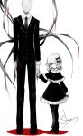  1boy 1girl absurdres artist_name boots bow capelet dress faceless faceless_male formal hair_bow hair_over_one_eye hand_holding height_difference highres long_sleeves looking_at_viewer necktie original pants pantyhose sheya shirt short_dress short_hair signature simple_background slender_man smile suit white_background 