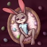  1:1 anthro basket bedroom_eyes bottomless clothed clothing covering covering_crotch disney easter easter_egg egg female fur half-closed_eyes hi_res holidays judy_hopps lagomorph leporid lying mammal on_back rabbit seductive smile solo starshippizza topwear zootopia 