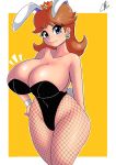  1girl animal_ears bare_shoulders blue_eyes border breasts brown_hair bunny_ears bunny_tail bunnysuit cleavage closed_mouth collarbone covered_navel cowboy_shot crown curvy earrings eyebrows_visible_through_hair fake_animal_ears fake_tail fishnet_pantyhose fishnets flower_earrings highres huge_breasts jewelry looking_at_viewer mario_(series) medium_hair nintendo pantyhose princess_daisy rivyk smile solo tail white_border wide_hips wrist_cuffs yellow_background 
