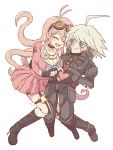  1boy 1girl ahoge android barbed_wire blonde_hair blue_eyes blush boots breasts choker cleavage danganronpa eyes_closed fang fingerless_gloves gloves goggles goggles_on_head hair_ornament hakusoto heart heart_hands heart_hands_duo iruma_miu keebo large_breasts long_hair looking_at_another new_danganronpa_v3 open_mouth school_uniform serafuku short_hair silver_hair simple_background skirt smile 