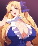  1girl arm_garter bangs blonde_hair blue_bow blue_dress bow breasts brown_eyes center_frills cleavage dress drill_hair eyebrows_visible_through_hair fate/kaleid_liner_prisma_illya fate/stay_night fate_(series) female frills gloves gradient gradient_background hair hair_bow hair_ornament hand_on high_resolution highres hip huge_breasts long_hair looking_at_viewer luviagelita_edelfelt open_mouth shinki_(shinki59) solo standing upper_body v-shaped_eyebrows very_long white_gloves 