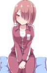  1girl bangs blue_pillow blush breasts collarbone embarrassed eyebrows_visible_through_hair hair_over_one_eye highres hoshino_miyako_(wataten) kneeling kou89 large_breasts light_brown_hair looking_to_the_side nervous_smile partially_unzipped red_eyes red_track_suit shirt short_hair simple_background sitting_on_pillow solo thick_thighs thighs track_suit v_arms watashi_ni_tenshi_ga_maiorita! white_background white_shirt zipper 