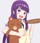  1girl absurdres angdo_(kakajo26) apron arm_at_side bangs black_ribbon blunt_bangs daisy_(working!!) grey_background hand_up highres holding holding_stuffed_animal holding_tray long_hair looking_at_viewer neck_ribbon open_mouth purple_eyes purple_hair ribbon shiny shiny_hair shirt short_sleeves sidelocks simple_background smile straight_hair stuffed_animal stuffed_toy teddy_bear tongue tray upper_body very_long_hair white_shirt working!! yamada_aoi yellow_apron 