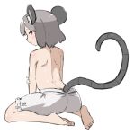  1girl animal_ears ass bare_legs barefoot bloomers full_body grey_hair kani_onigiri_(shottare) looking_at_viewer looking_back mouse_ears mouse_girl mouse_tail nazrin red_eyes short_hair simple_background sitting solo tail topless touhou underwear wariza white_background white_bloomers 