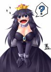  ? aotori black_dress black_earrings black_gloves black_hair breasts choker cleavage clenched_hand cuffs dress elbow_gloves gloves handcuffs highres large_breasts long_hair looking_at_viewer mario_(series) nintendo open_mouth princess_chain_chomp shackles sharp_teeth smile sparkle super_crown teeth 