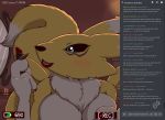  anthro blue_eyes blush breasts butt canid canine chat digimon digimon_(species) female fur hi_res hyenatig_(artist) lipstick makeup mammal open_mouth renamon solo teeth text yellow_fur 