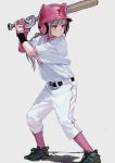  1girl absurdres arms_up artist_name bangs baseball_bat baseball_helmet baseball_uniform black_footwear feet_out_of_frame fkey gloves grey_background helmet highres holding holding_baseball_bat jersey long_hair original pants pink_legwear ponytail red_eyes shadow shirt shoes short_sleeves sidelocks silver_hair simple_background sneakers socks solo sportswear standing white_gloves white_pants white_shirt 